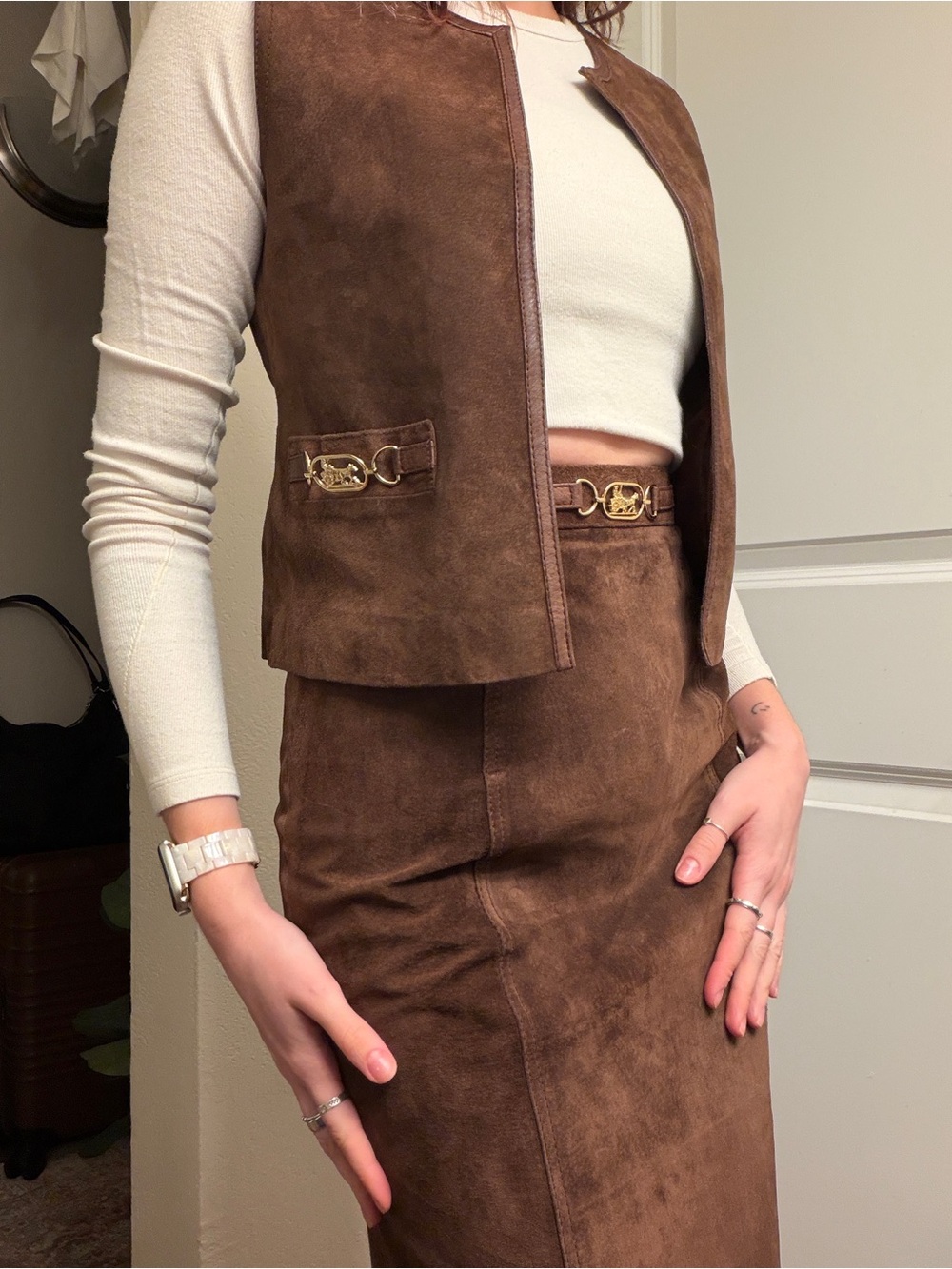 Vintage Brown Suede Two-Piece Skirt Set with Gold Hardware